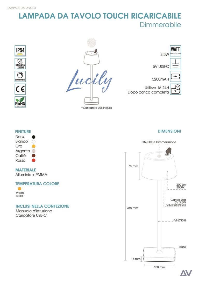 scheda tecnica delle lampade da tavolo led con dimmerazione tocco, alluminio colori disponibili, 5V, usb-c, 3.5W, CE, RoHS, ip54