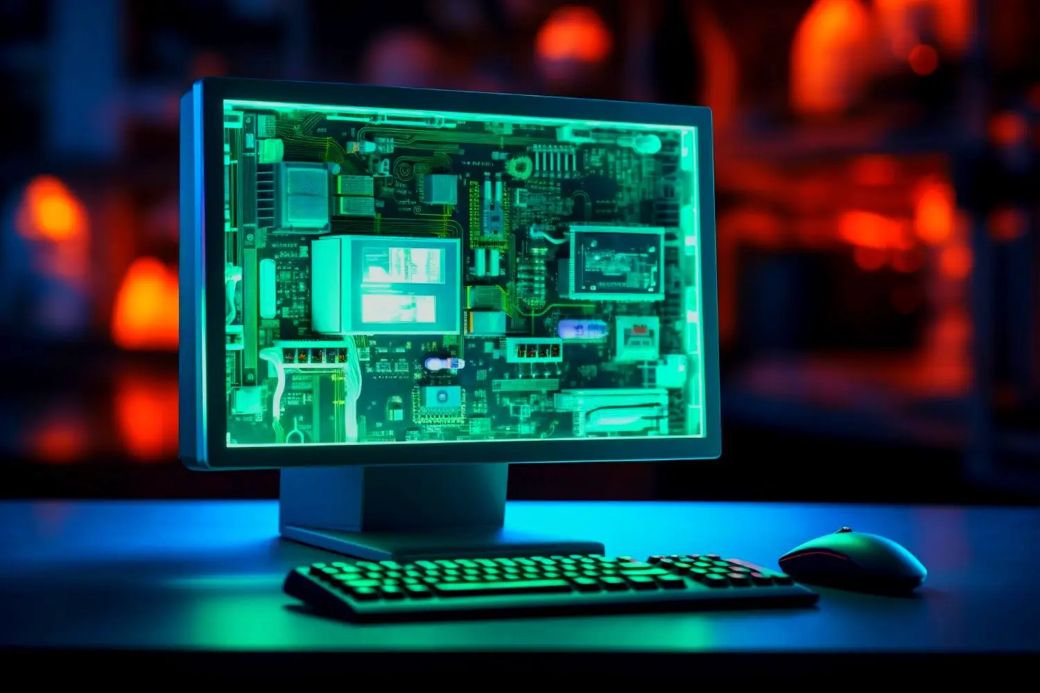 foto di uno schermo che ha all'interno tutte componenti elettriche, tastiera e mouse